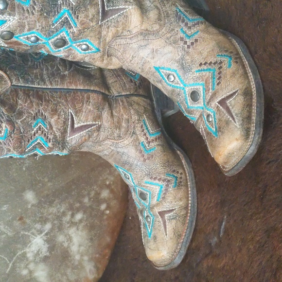 CORRAL E1024 Brown/turquoise aztec distressed cowgirl boots square toe sz 7.5 - Picture 11 of 16